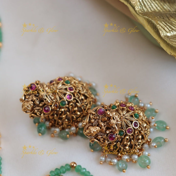 Pretty lakshmi peacock design with mint green beads haram - Sparkle and Glow - Back Thread - 