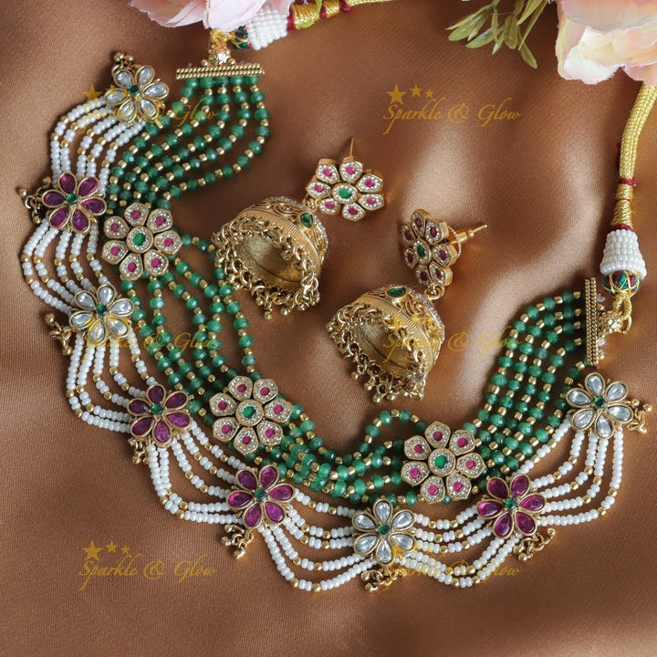 Beautiful Floral zigzag layered beaded short necklace - Sparkle and Glow - Back Thread - 