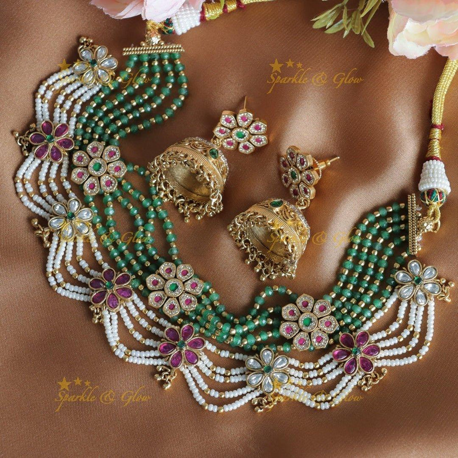 Beautiful Floral zigzag layered beaded short necklace - Sparkle and Glow
