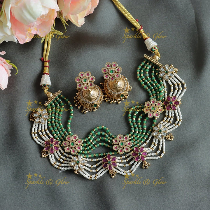 Beautiful Floral zigzag layered beaded short necklace - Sparkle and Glow - Back Thread - 