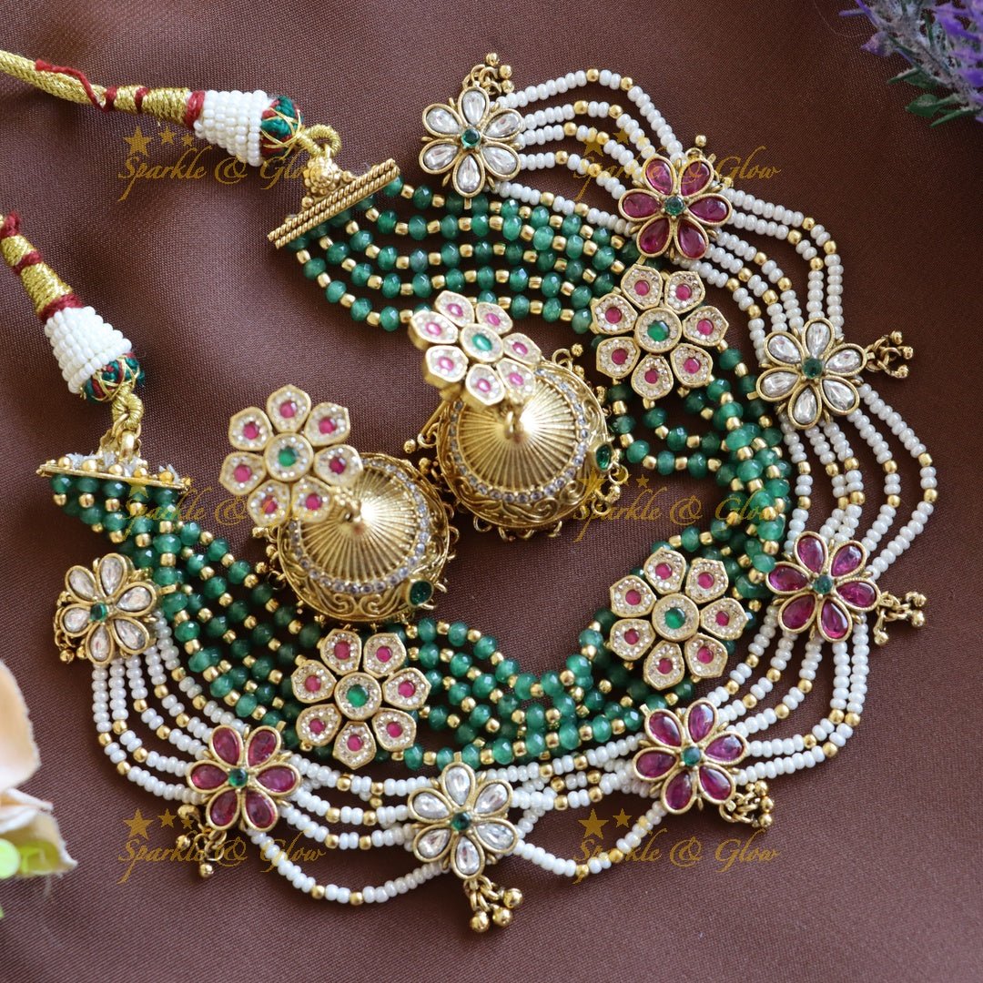 Beautiful Floral zigzag layered beaded short necklace - Sparkle and Glow - Back Thread - 