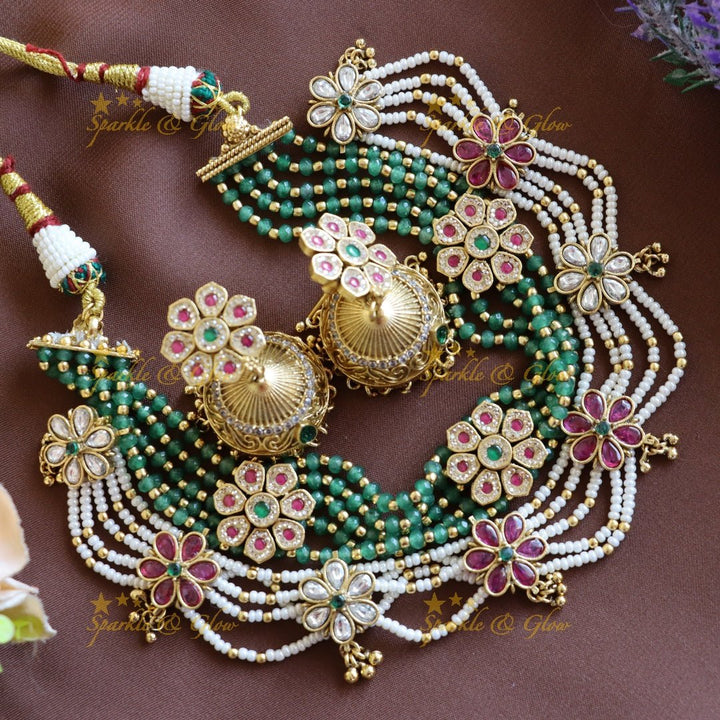 Beautiful Floral zigzag layered beaded short necklace - Sparkle and Glow - Back Thread - 