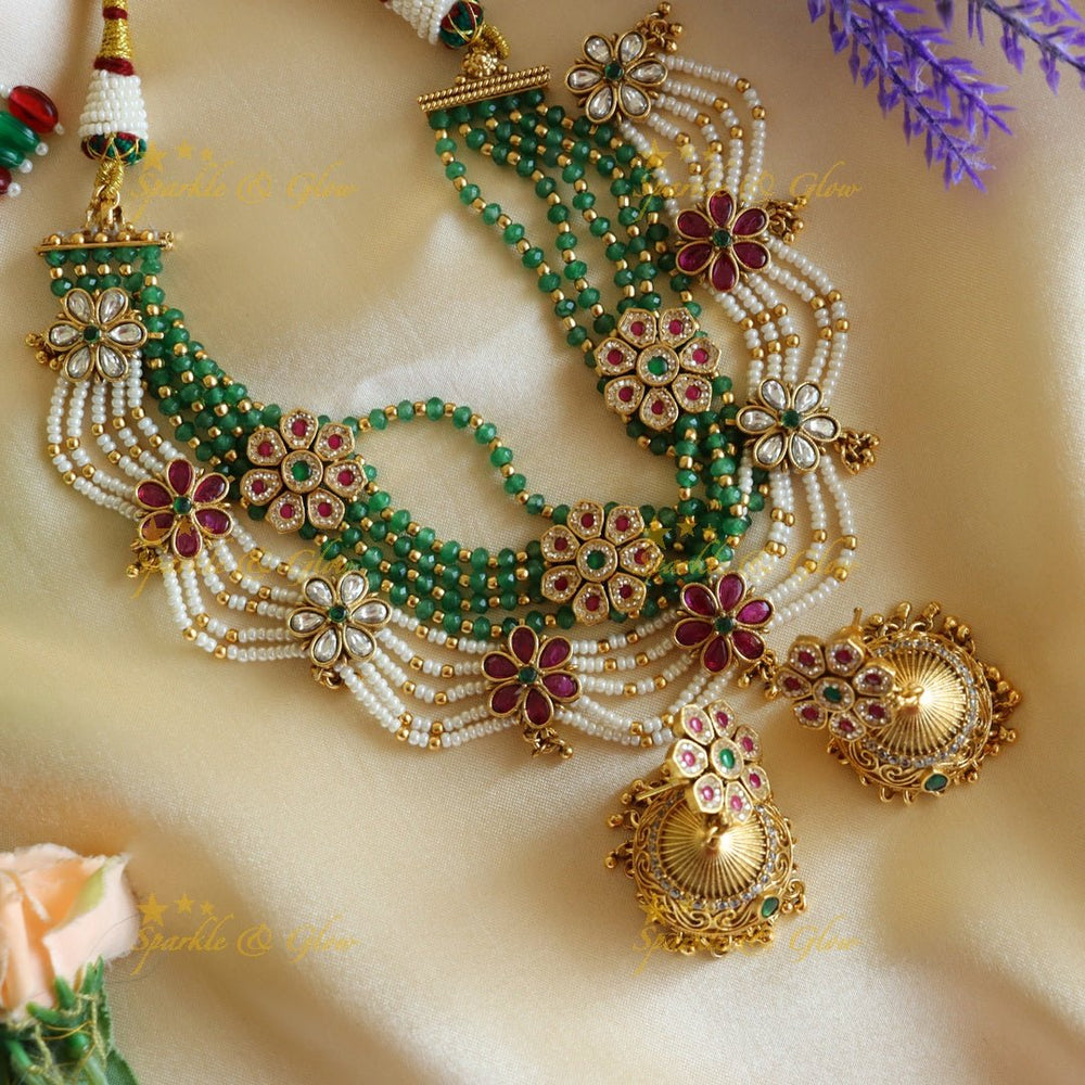 Beautiful Floral zigzag layered beaded short necklace - Sparkle and Glow - Back Thread - 