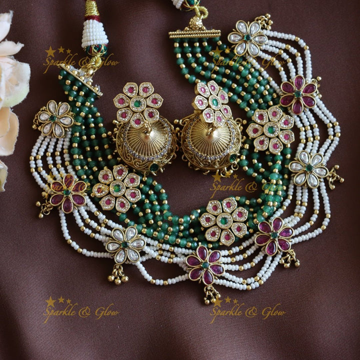Beautiful Floral zigzag layered beaded short necklace - Sparkle and Glow - Back Thread - 
