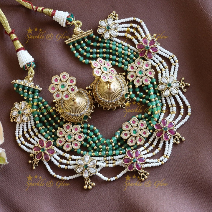 Beautiful Floral zigzag layered beaded short necklace - Sparkle and Glow - Back Thread - 