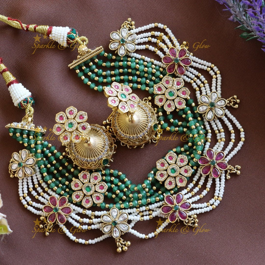 Beautiful Floral zigzag layered beaded short necklace - Sparkle and Glow - Back Thread - 