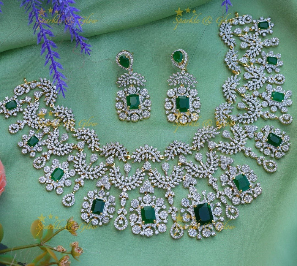 Gracious Zigzag square stone design American diamond short necklace - Green - Sparkle and Glow - 