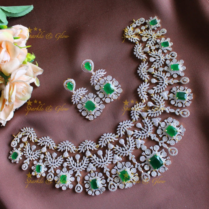 Gracious Zigzag square stone design American diamond short necklace - Green - Sparkle and Glow - 