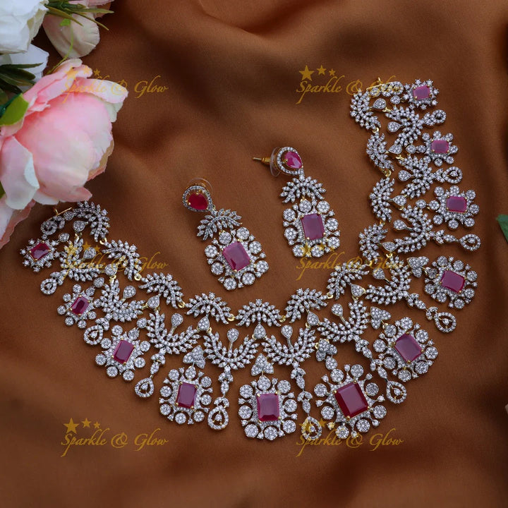 Gracious Zigzag square stone design American diamond short necklace-Ruby - Sparkle and Glow