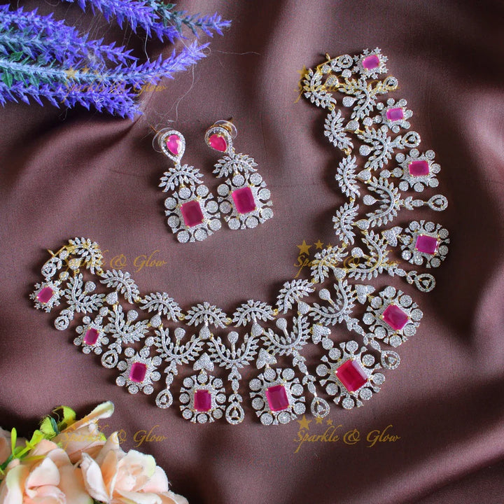 Gracious Zigzag square stone design American diamond short necklace-Ruby - Sparkle and Glow