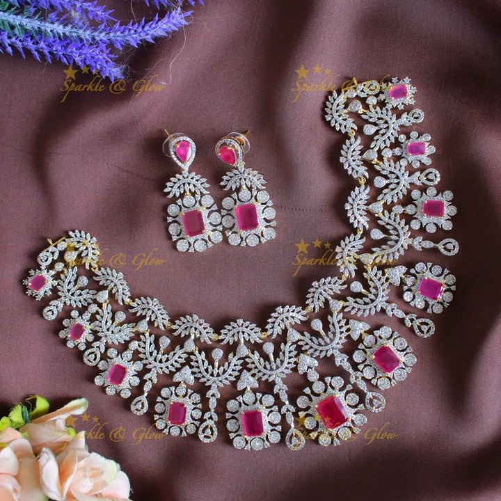 Gracious Zigzag square stone design American diamond short necklace-Ruby - Sparkle and Glow