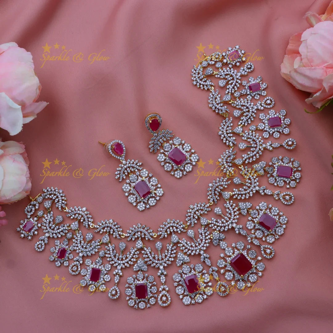 Gracious Zigzag square stone design American diamond short necklace-Ruby - Sparkle and Glow