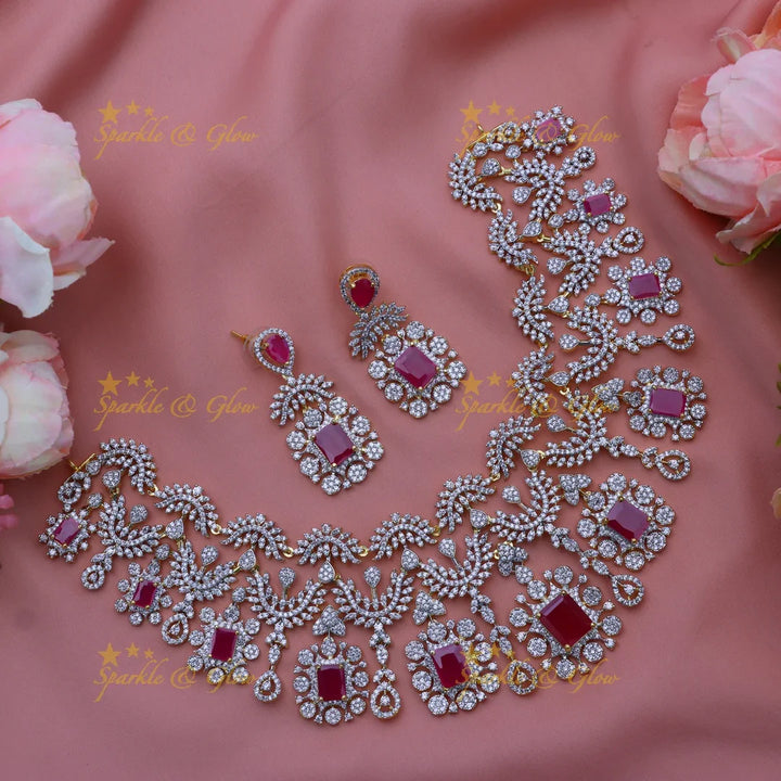 Gracious Zigzag square stone design American diamond short necklace-Ruby - Sparkle and Glow