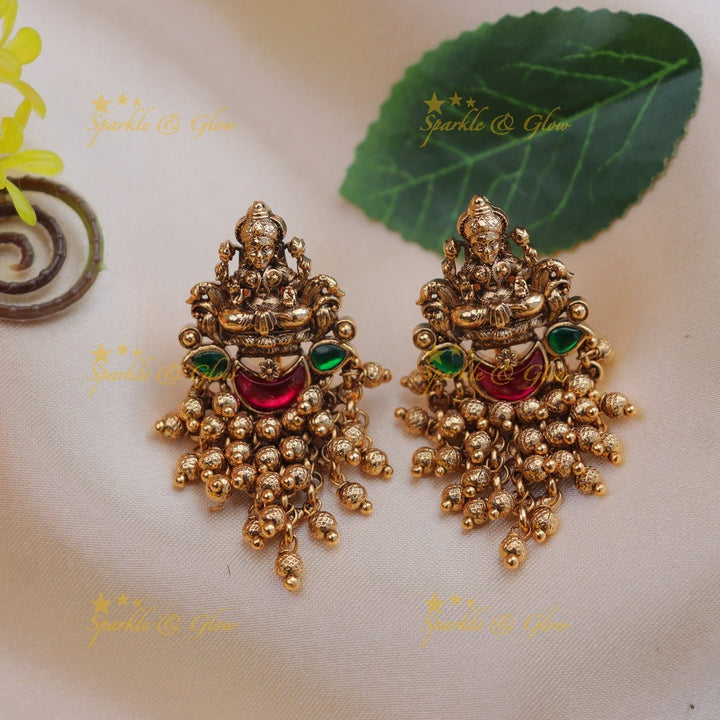 Beautiful lakshmi design jadau earrings - Pink - Sparkle and Glow - Pink Green - 