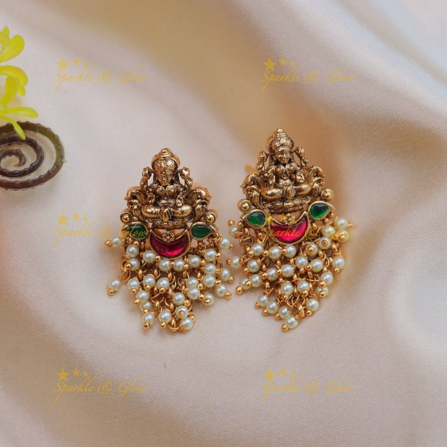 Beautiful lakshmi design jadau stones and pearl earrings - Pink and green - Sparkle and Glow - Pink - 