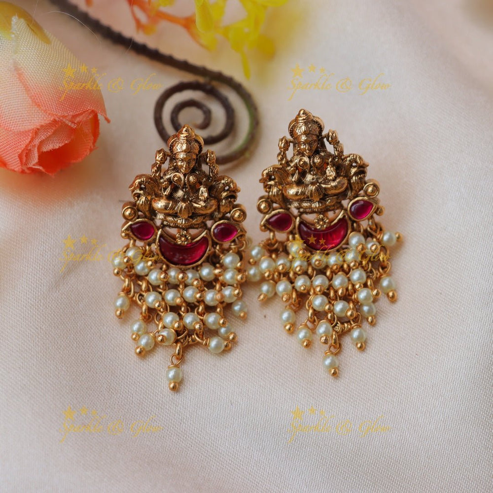 Beautiful lakshmi design jadau stones and pearl earrings - Pink and green - Sparkle and Glow - Pink Green - 