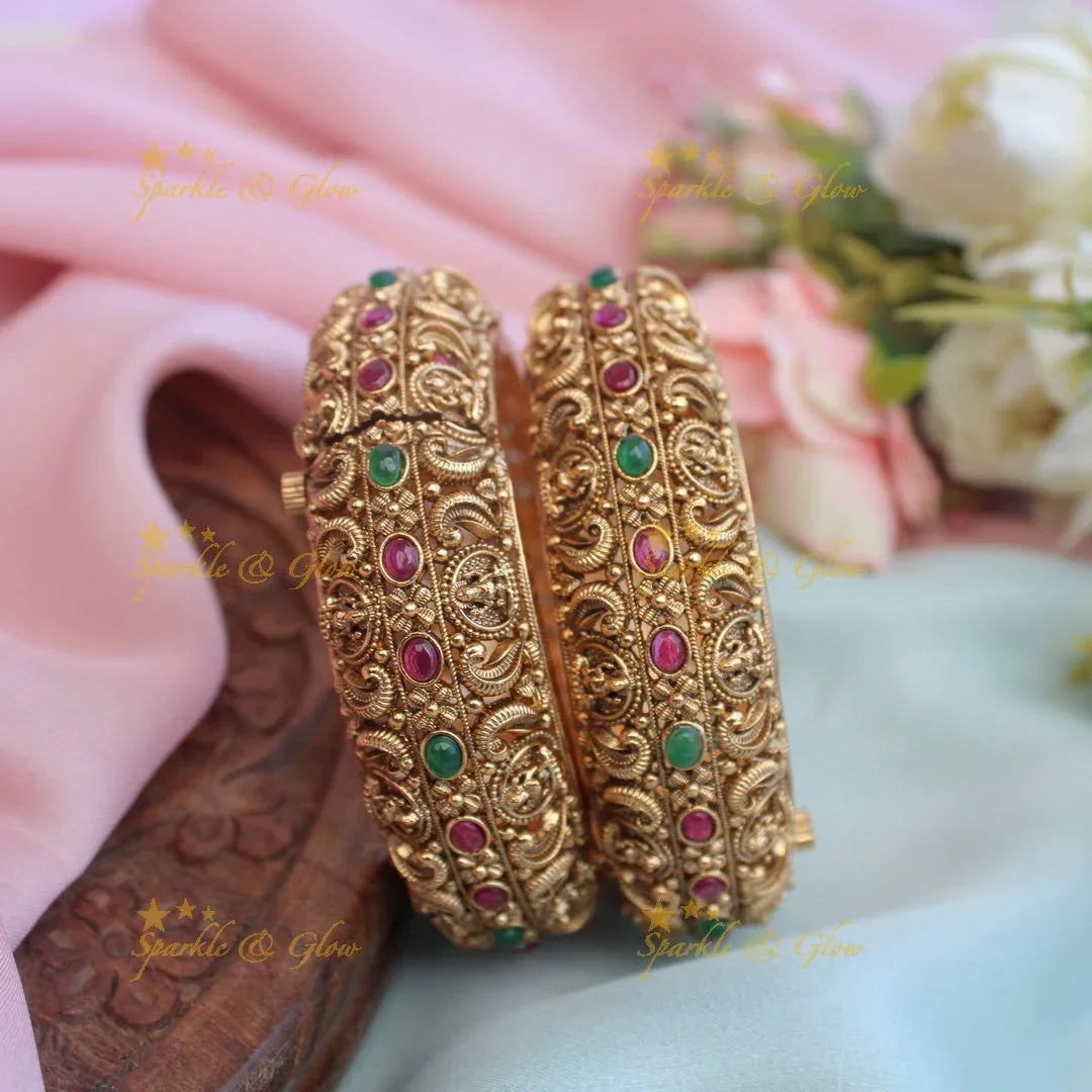 Beautiful lakshmi and floral design gold alike screw type bangles - Sparkle and Glow
