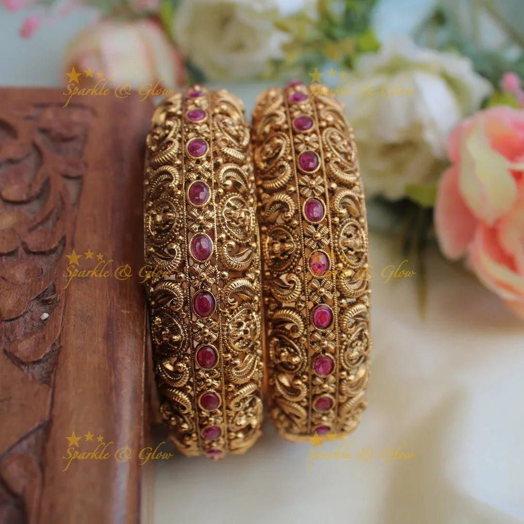 Beautiful lakshmi and floral design gold alike screw type bangles - Sparkle and Glow