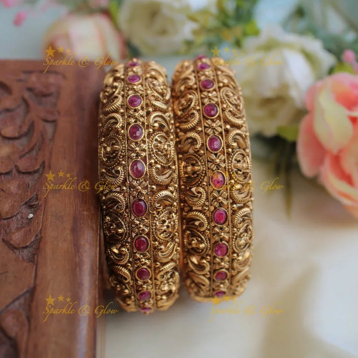 Beautiful lakshmi and floral design gold alike screw type bangles - Sparkle and Glow