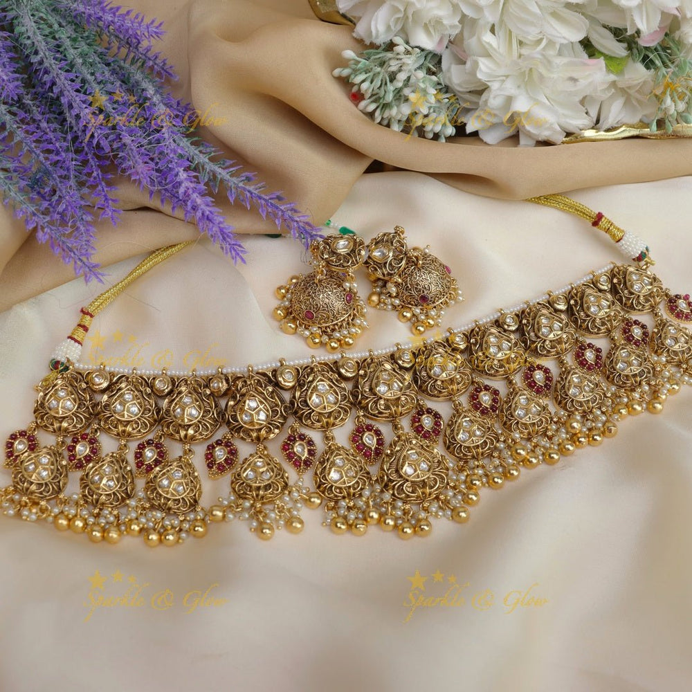 Beautiful gold alike floral and mango design choker - Sparkle and Glow - Back Thread - 