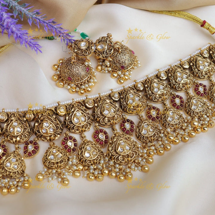 Beautiful gold alike floral and mango design choker - Sparkle and Glow - Back Thread - 
