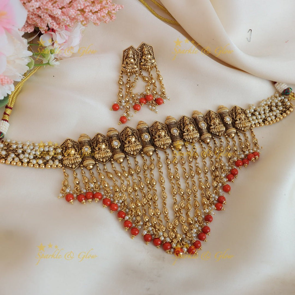 Beautiful Pearl cluster kerala style lakshmi high neck choker - coral beads and pearl - Sparkle and Glow - 