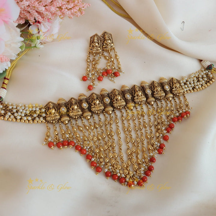 Beautiful Pearl cluster kerala style lakshmi high neck choker - coral beads and pearl - Sparkle and Glow - 