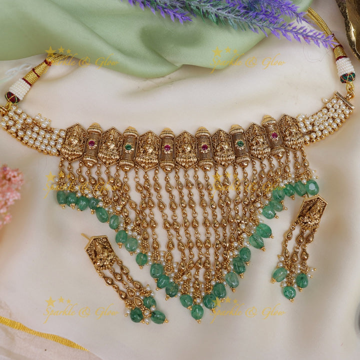 Beautiful Pearl cluster kerala style lakshmi high neck choker - Mint green beads and pearl