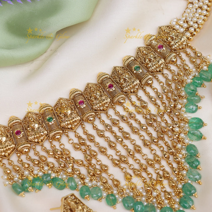 Beautiful Pearl cluster kerala style lakshmi high neck choker - Mint green beads and pearl