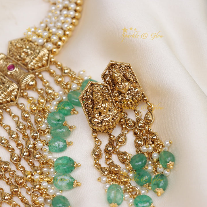 Beautiful Pearl cluster kerala style lakshmi high neck choker - Mint green beads and pearl