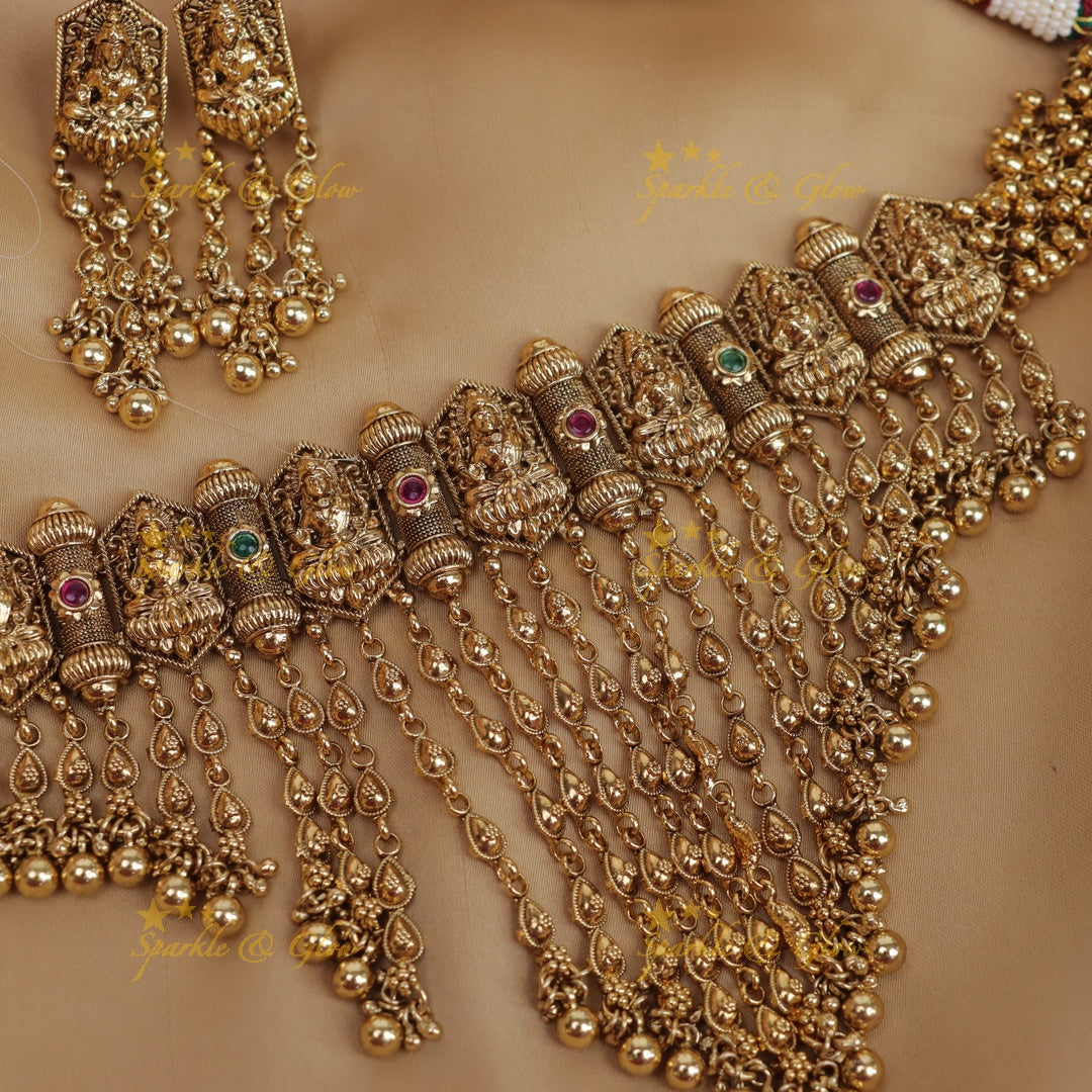 Beautiful Pearl cluster kerala style lakshmi high neck choker - Mint green beads and pearl