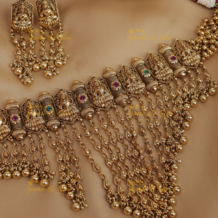 Beautiful Pearl cluster kerala style lakshmi high neck choker - Mint green beads and pearl