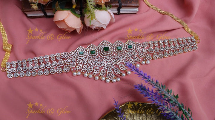 Pretty floral and mango design american diamond hip chain - Green - Sparkle and Glow - Green - 