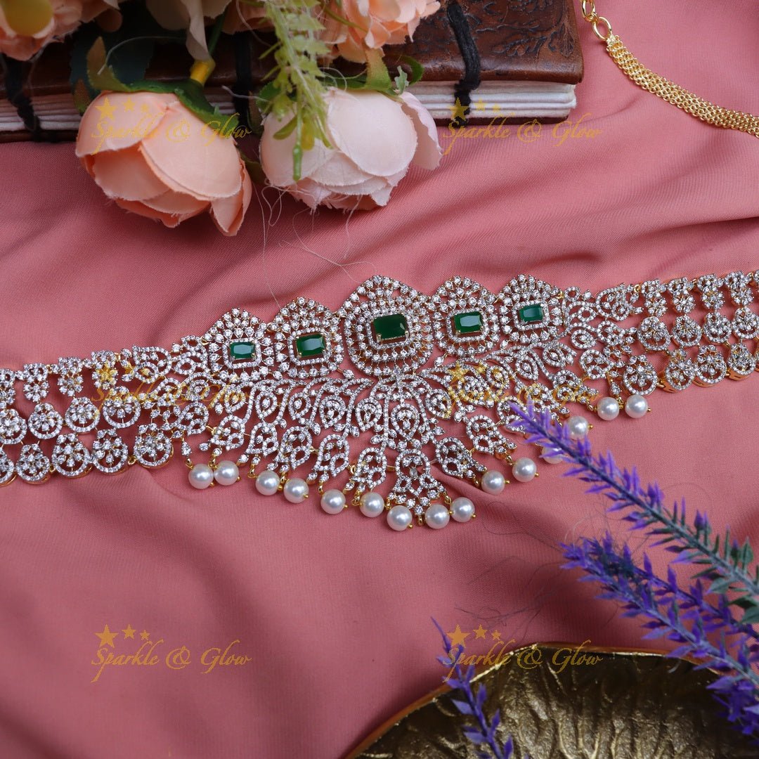 Pretty floral and mango design american diamond hip chain - Green - Sparkle and Glow - Pink - 