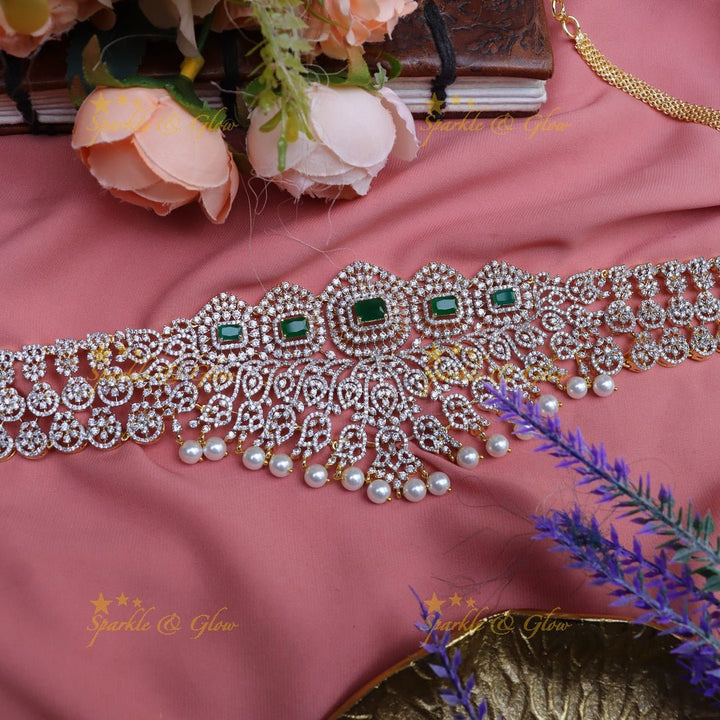 Pretty floral and mango design american diamond hip chain - Green - Sparkle and Glow - Pink - 