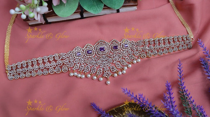 Pretty floral and mango design american diamond hip chain - Green - Sparkle and Glow - Purple - 