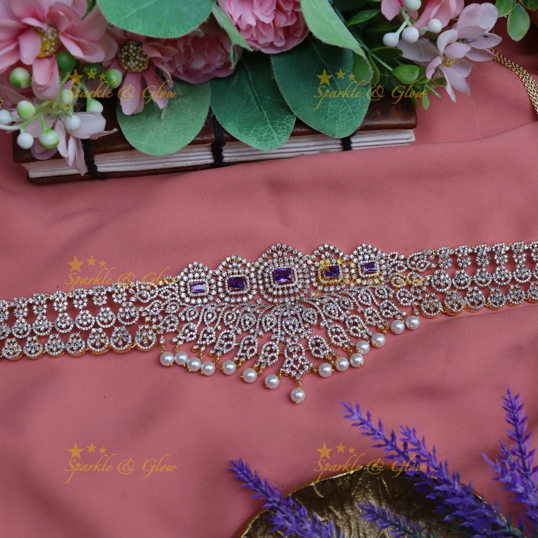 Pretty floral and mango design american diamond hip chain - Green - Sparkle and Glow - Green - 