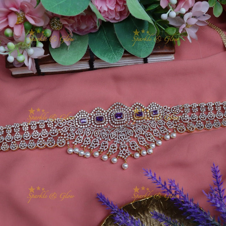 Pretty floral and mango design american diamond hip chain - Green - Sparkle and Glow - Green - 