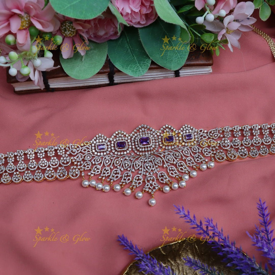 Pretty floral and mango design american diamond hip chain - Green - Sparkle and Glow - Green - 