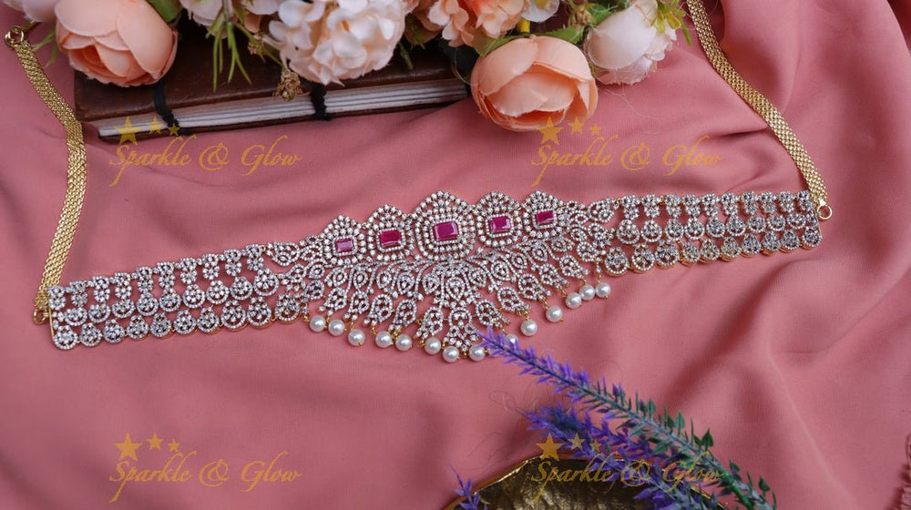 Pretty floral and mango design american diamond hip chain - Green - Sparkle and Glow - Pink - 