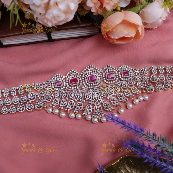 Pretty floral and mango design american diamond hip chain - Green - Sparkle and Glow - Purple - 