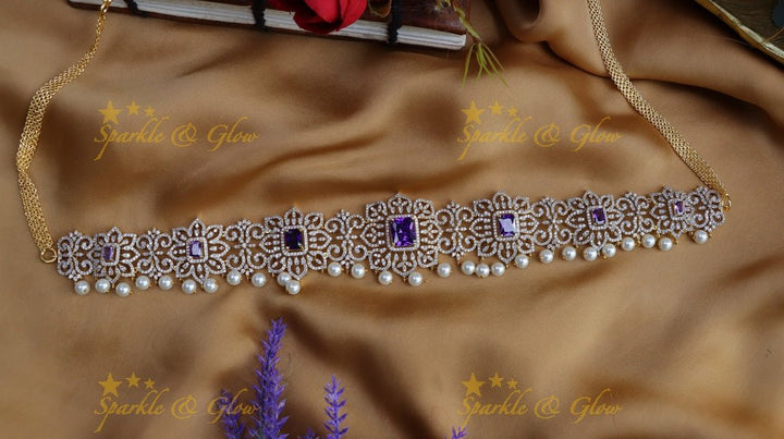 Gorgeous floral design american diamond hip chain - Purple - Sparkle and Glow - Purple - 