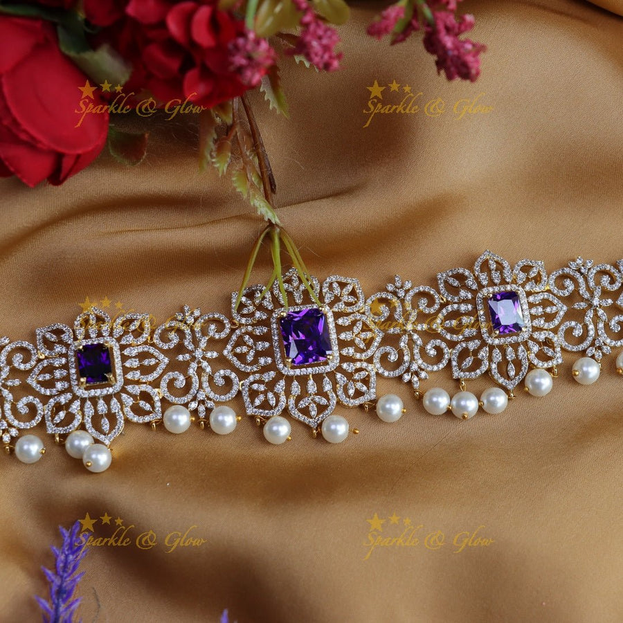 Gorgeous floral design american diamond hip chain - Purple - Sparkle and Glow - Purple - 