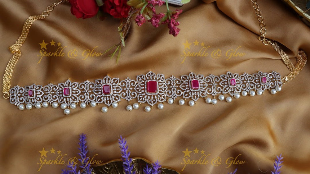 Gorgeous floral design american diamond hip chain - Purple - Sparkle and Glow - Pink - 