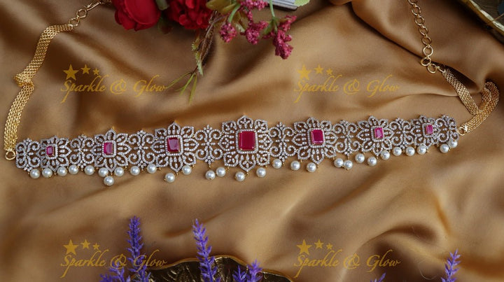Gorgeous floral design american diamond hip chain - Purple - Sparkle and Glow - Pink - 