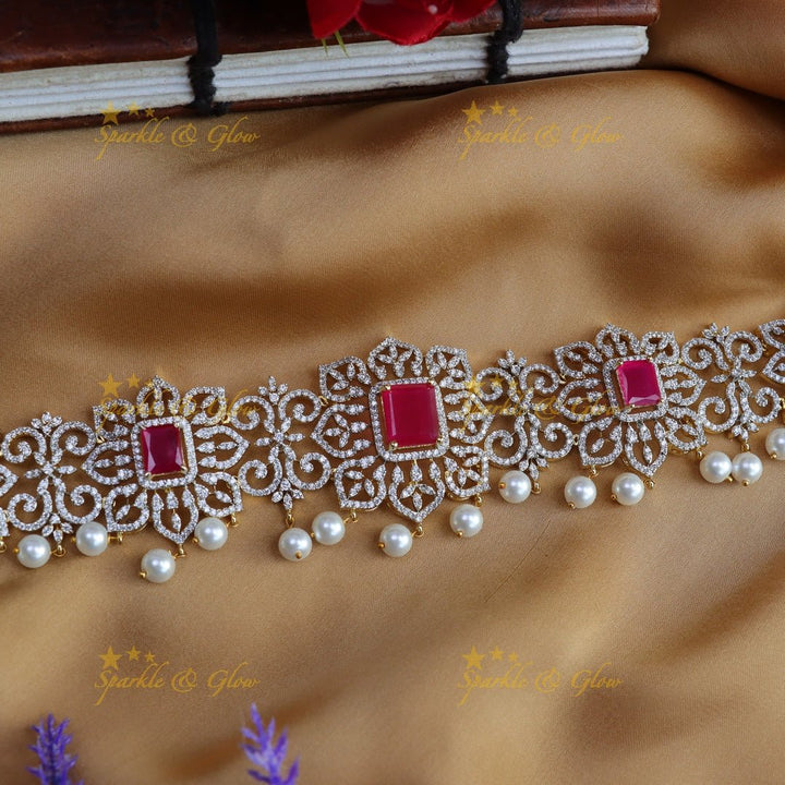 Gorgeous floral design american diamond hip chain - Purple - Sparkle and Glow - Pink - 