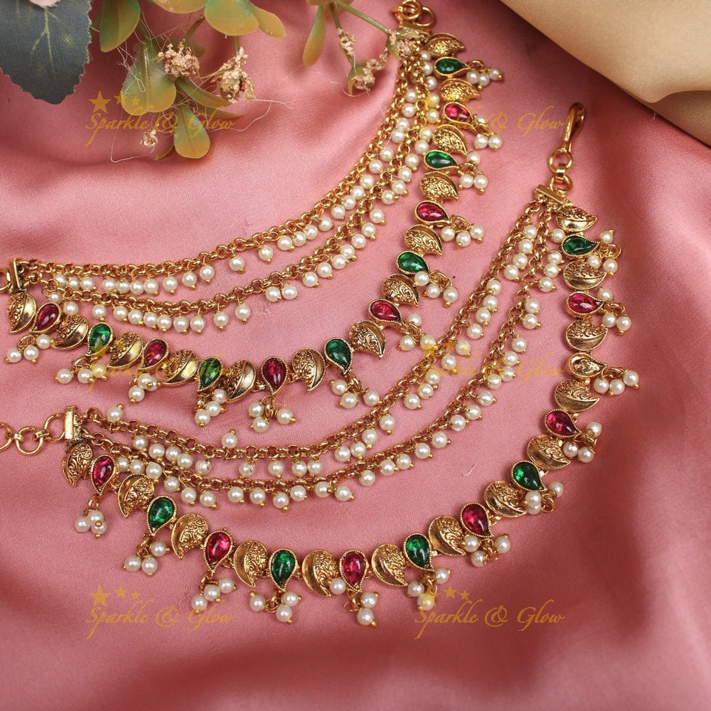 Stunning Mango design Kemp Earchain with pearls - Sparkle and Glow - 