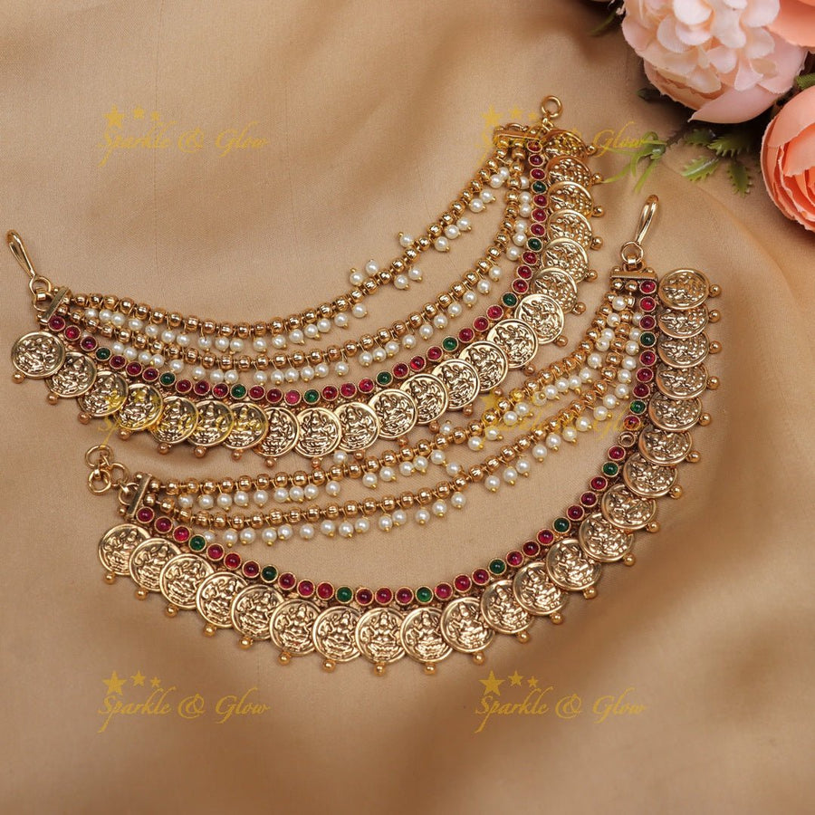 Statement Idol Lakshmi Coin carved Kemp Earchain - Sparkle and Glow - 