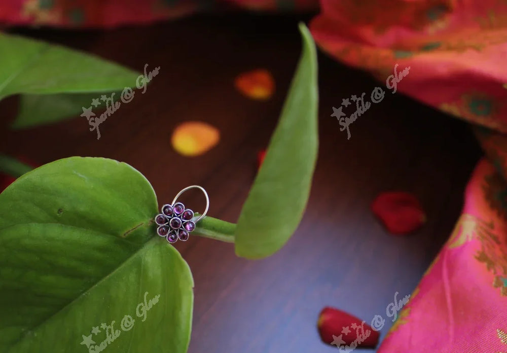 Sterling silver semi precious stone pierced nose pin - Pink Green - Sparkle and Glow