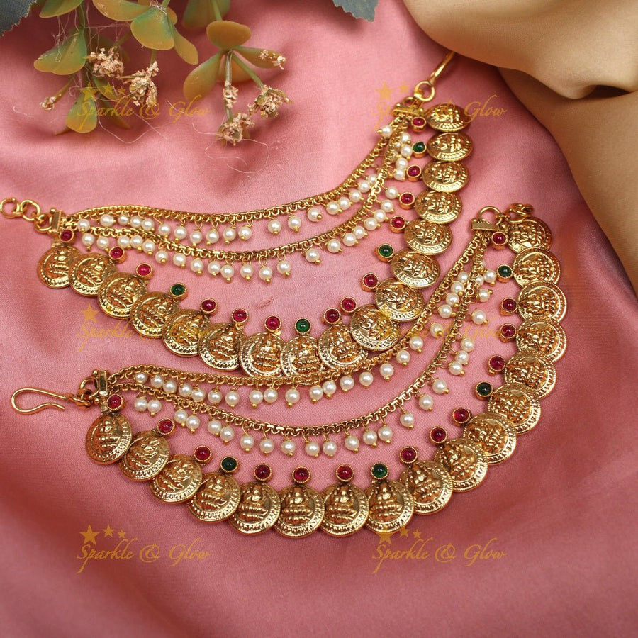 Elegant Idol Lakshmi Coin carved Kemp Earchain - Sparkle and Glow - 